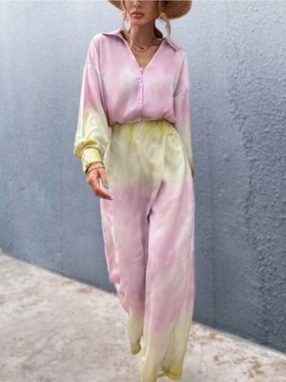 Pastel Tie-Dye Blouse & Wide-Leg Pants Set – Pink & Yellow